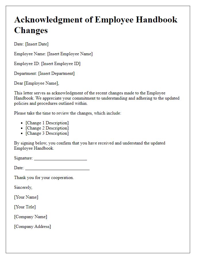 Letter template of acknowledgment for employee handbook changes