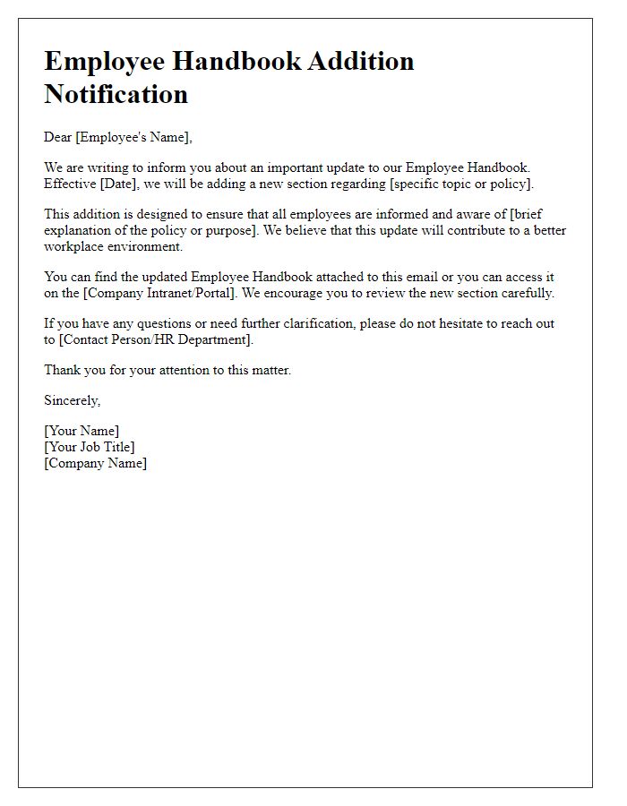 Letter template of employee handbook addition notification