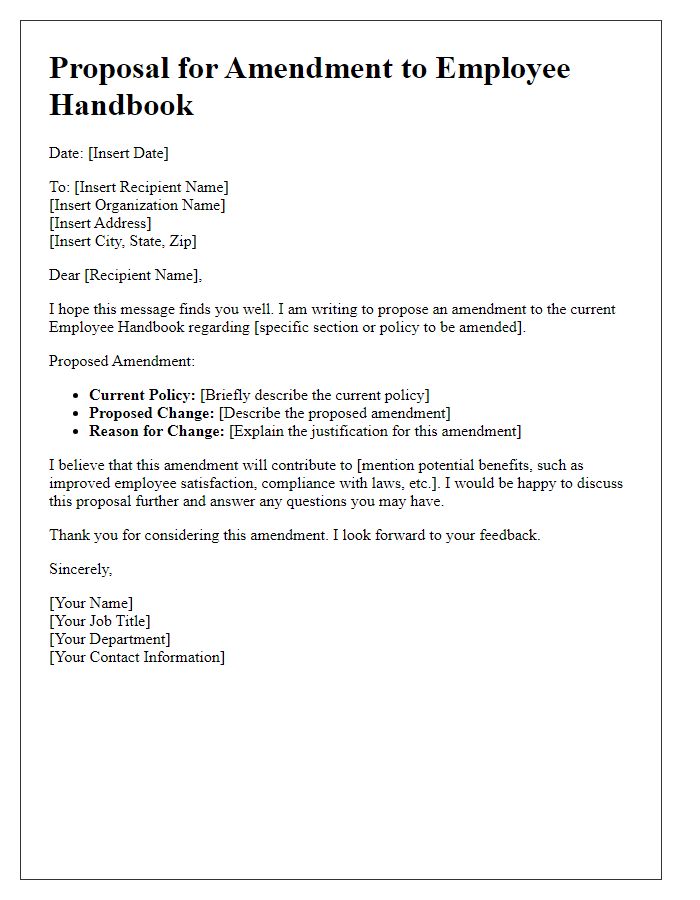 Letter template of employee handbook amendment proposal