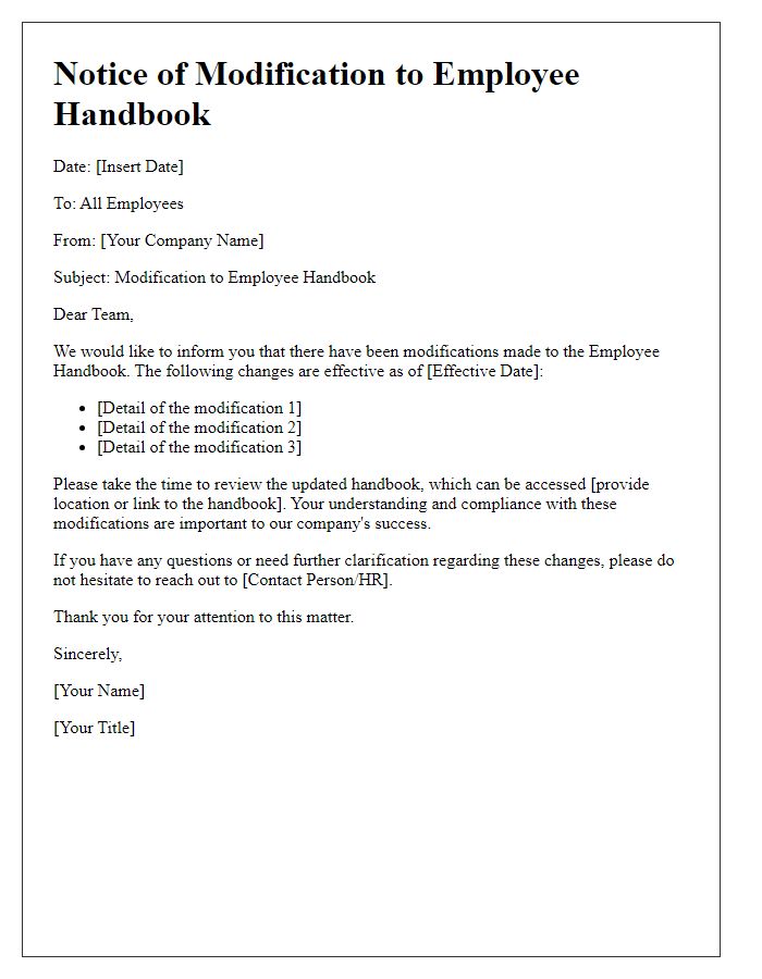 Letter template of employee handbook modification notice