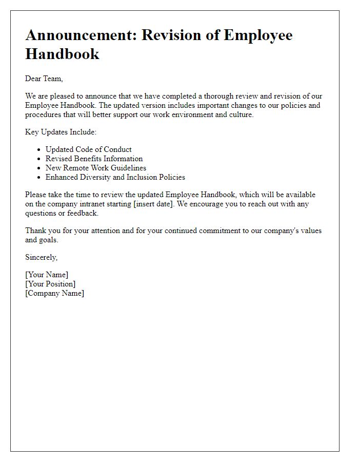 Letter template of employee handbook revision announcement