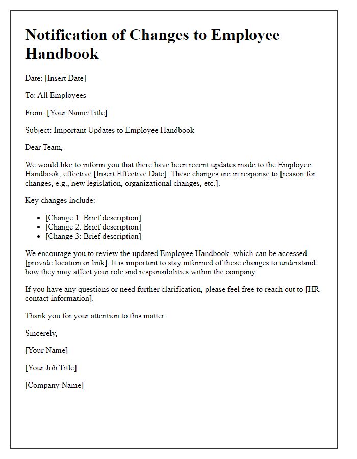 Letter template of notification for changes in employee handbook