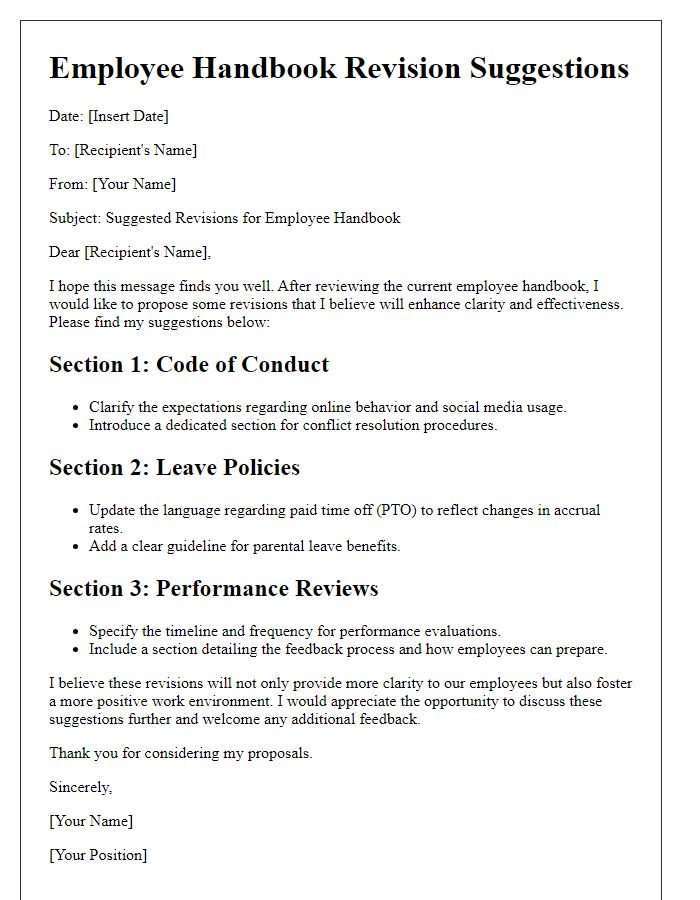 Letter template of suggested revisions for employee handbook