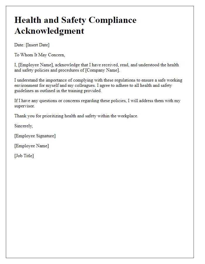 Letter template of health and safety compliance acknowledgment