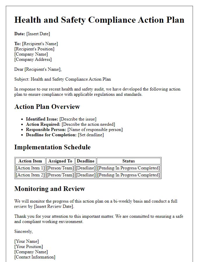 Letter template of health and safety compliance action plan