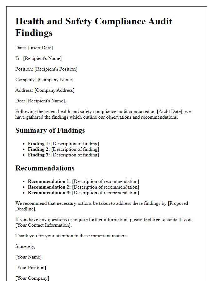 Letter template of health and safety compliance audit findings