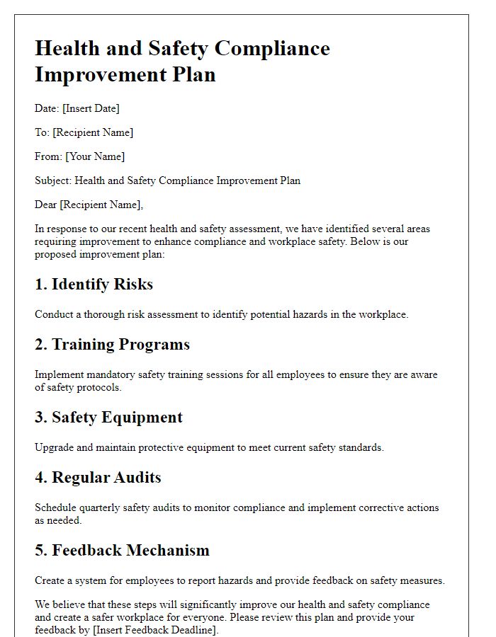 Letter template of health and safety compliance improvement plan