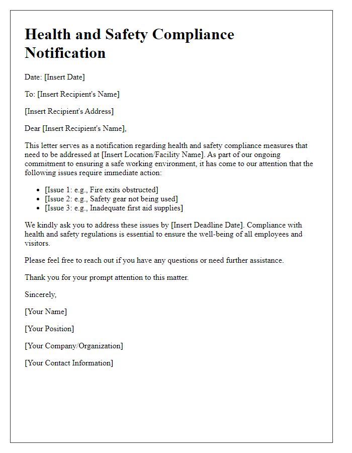 Letter template of health and safety compliance notification