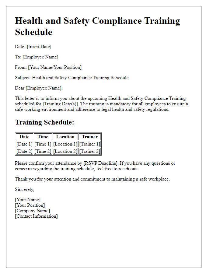 Letter template of health and safety compliance training schedule