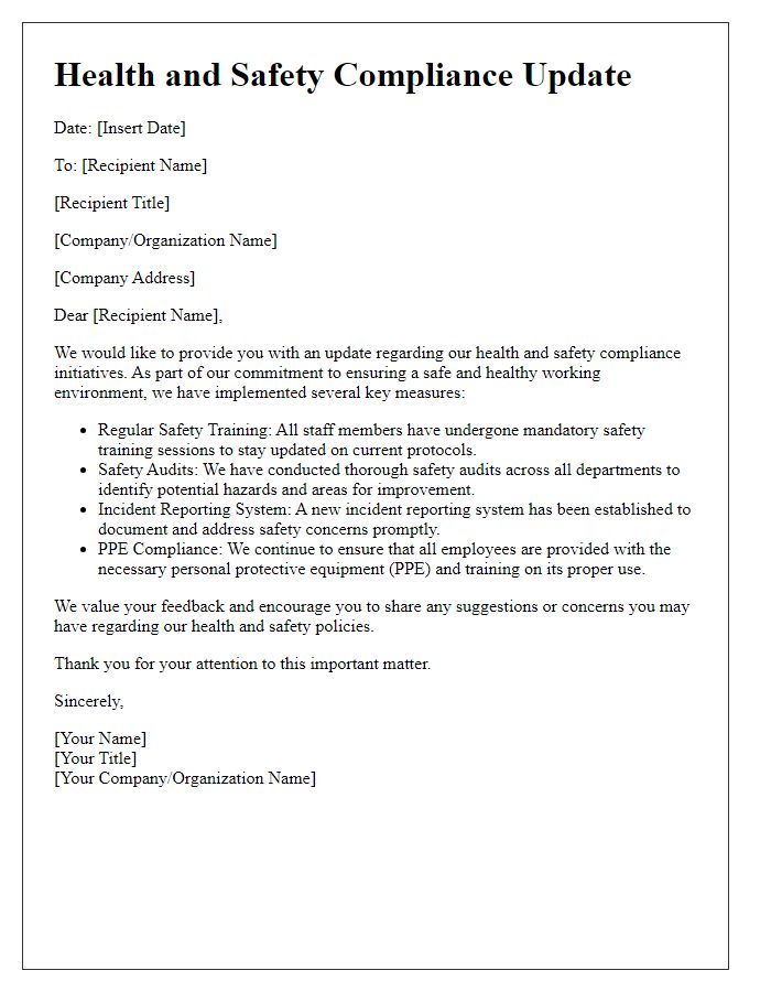 Letter template of health and safety compliance update