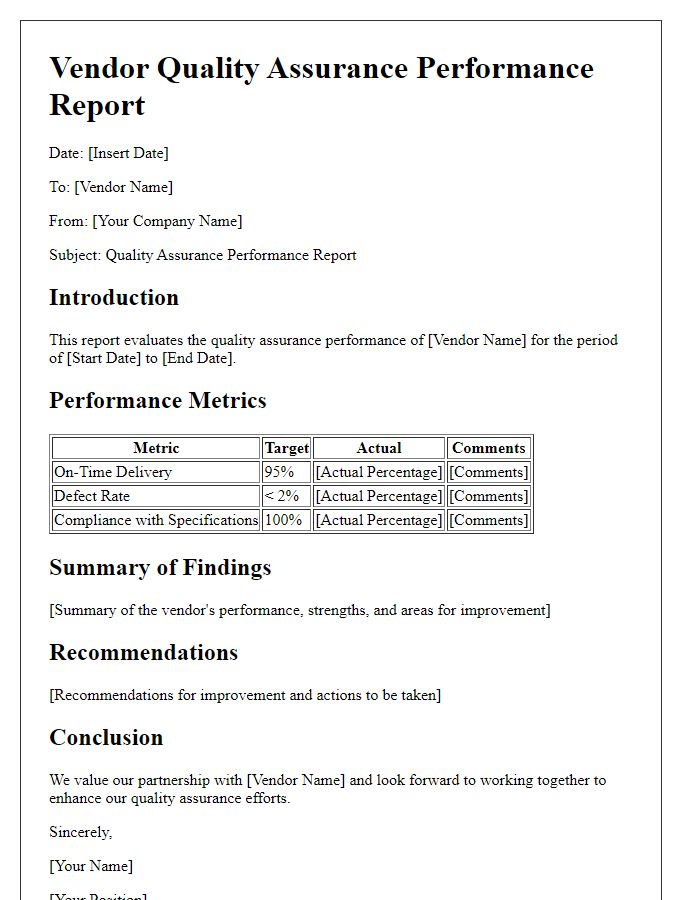 Letter template of vendor quality assurance performance report