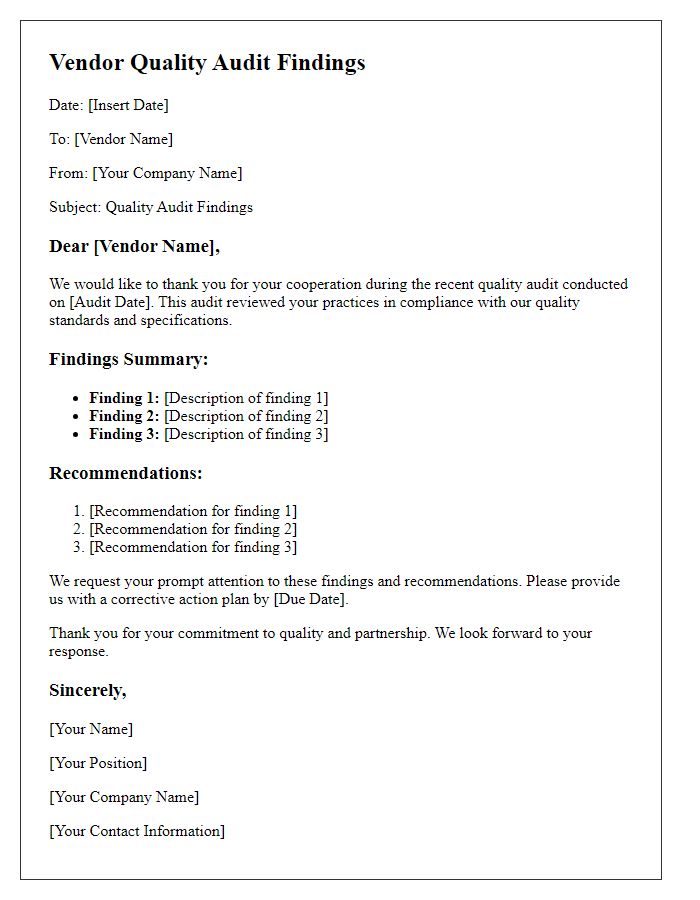 Letter template of vendor quality audit findings