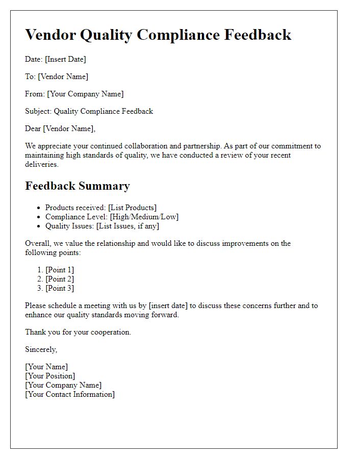 Letter template of vendor quality compliance feedback