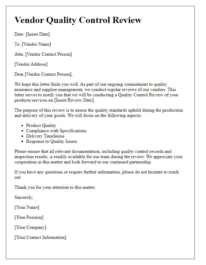 Letter template of vendor quality control review