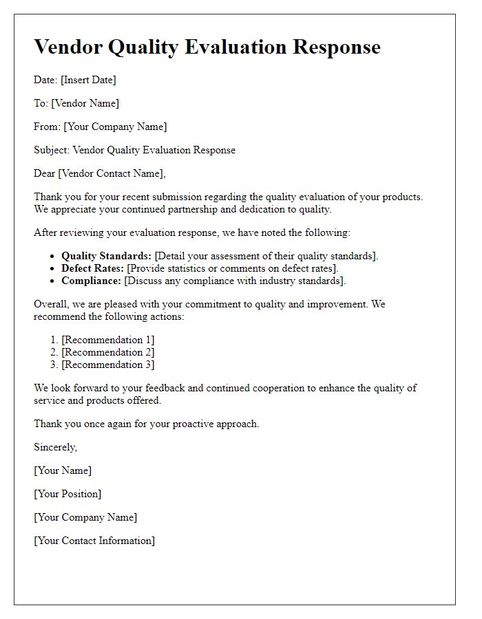 Letter template of vendor quality evaluation response