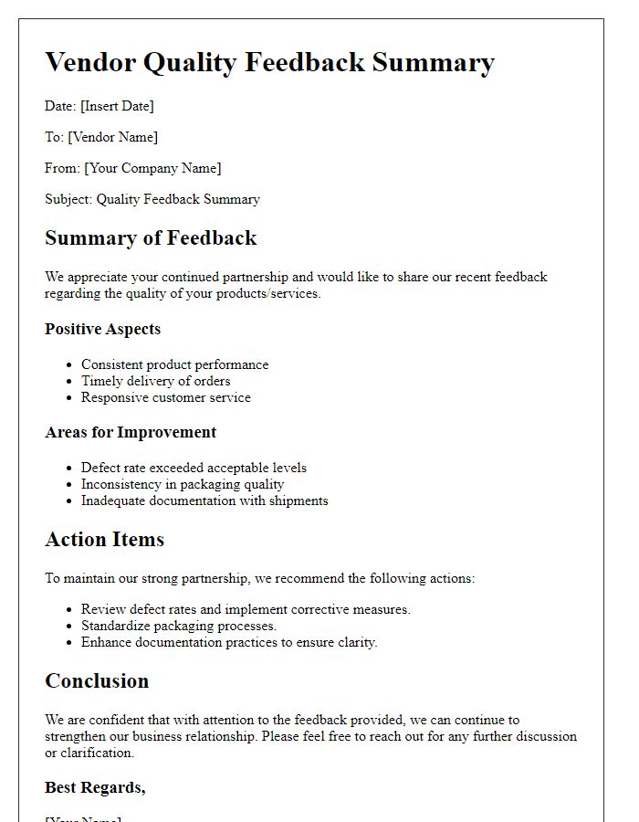 Letter template of vendor quality feedback summary