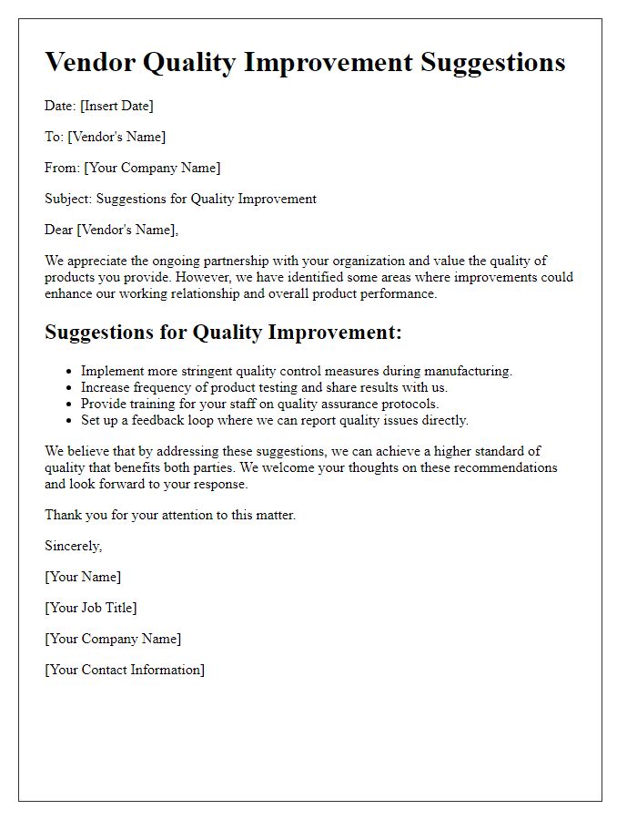 Letter template of vendor quality improvement suggestions