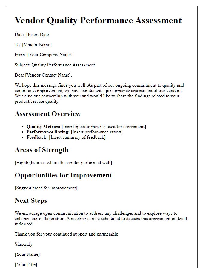 Letter template of vendor quality performance assessment