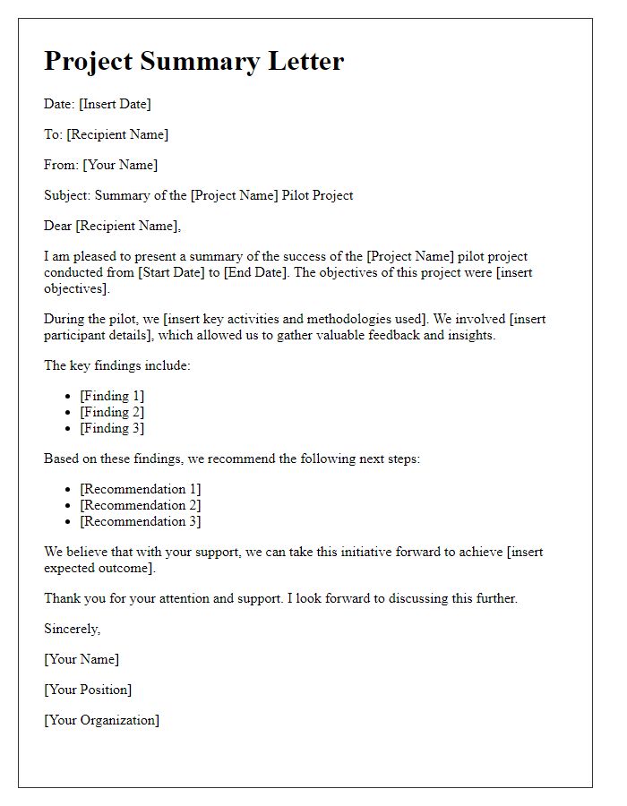 Letter template of pilot project summary