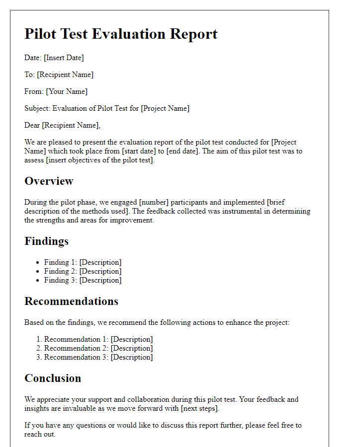 Letter template of pilot test evaluation