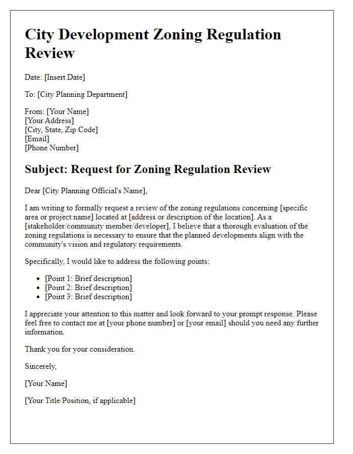 Letter template of zoning regulation review for city development