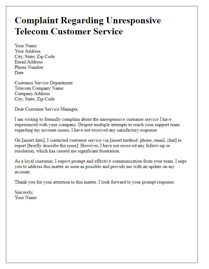 Letter template of complaint about unresponsive telecom customer service