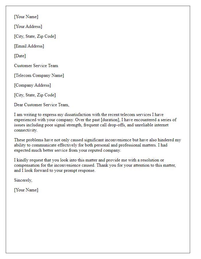 Letter template of feedback regarding poor telecom service