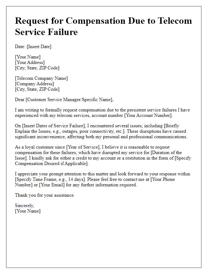 Letter template of request for compensation due to telecom service failure