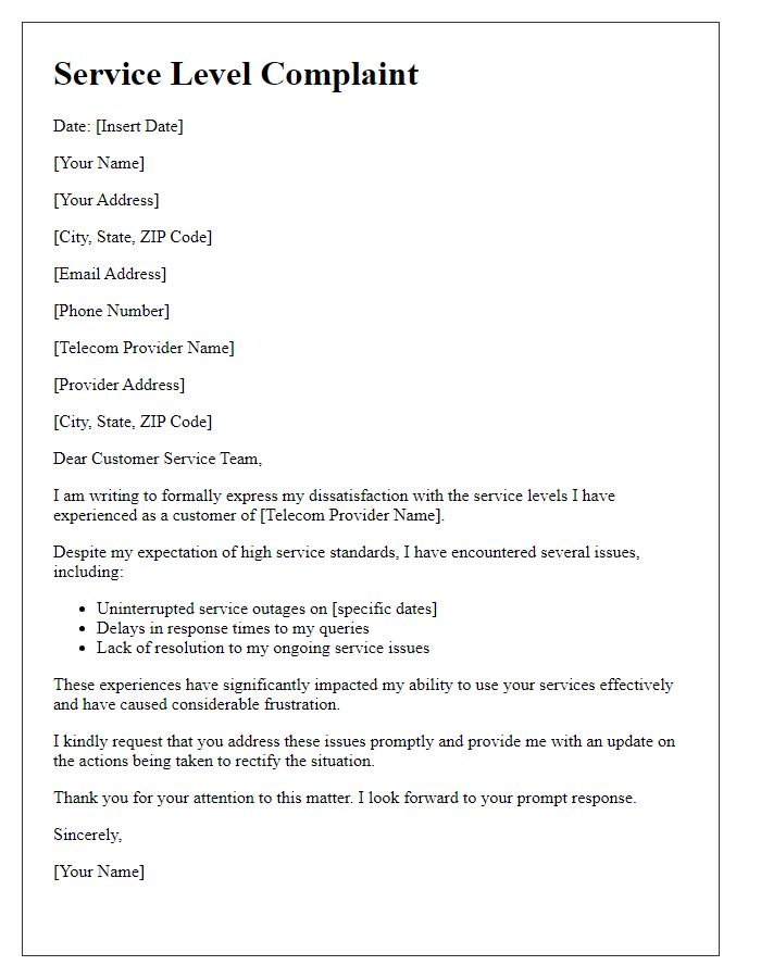 Letter template of service level complaint to telecom provider