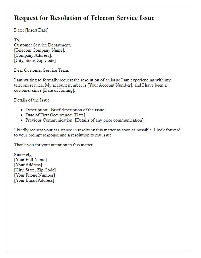 Letter template of telecom service issue resolution request