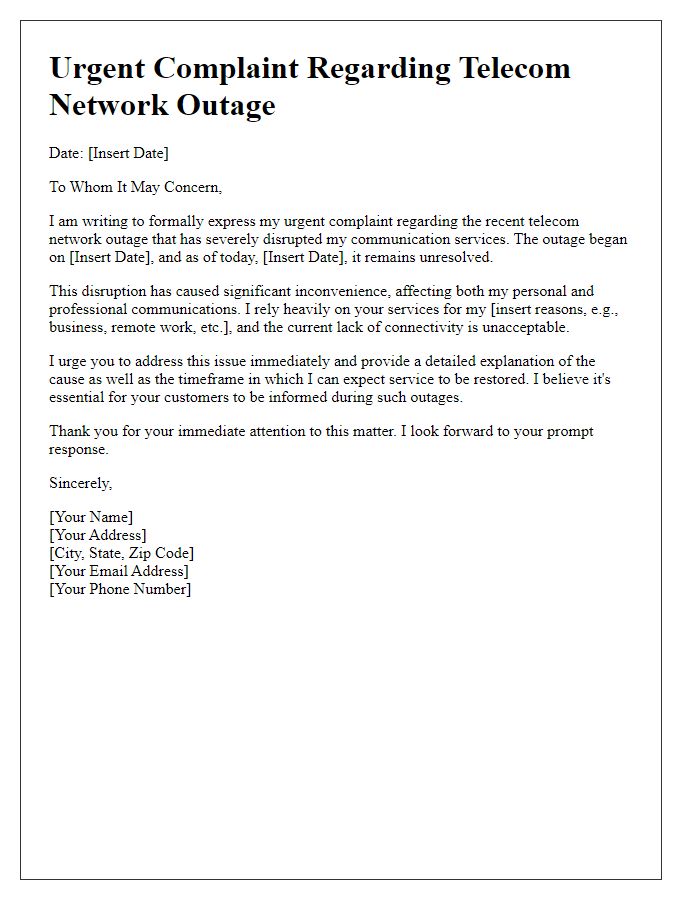 Letter template of urgent complaint about telecom network outage