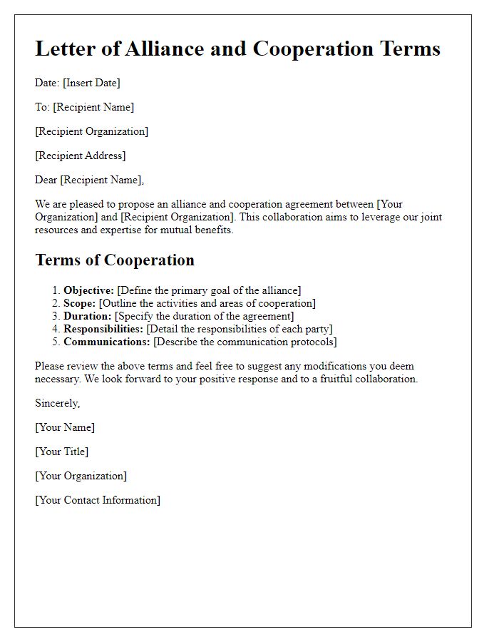 Letter template of alliance and cooperation terms