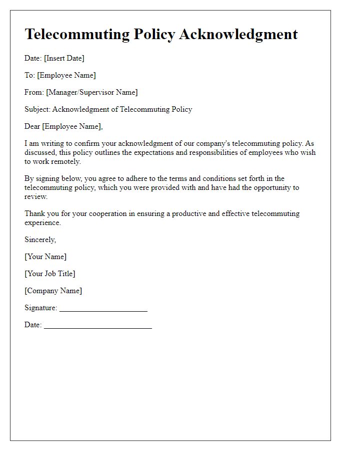 Letter template of telecommuting policy acknowledgment