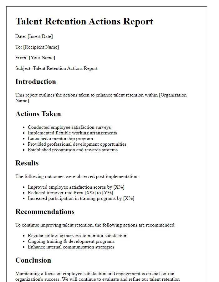 Letter template of talent retention actions report