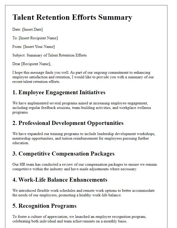 Letter template of talent retention efforts summary