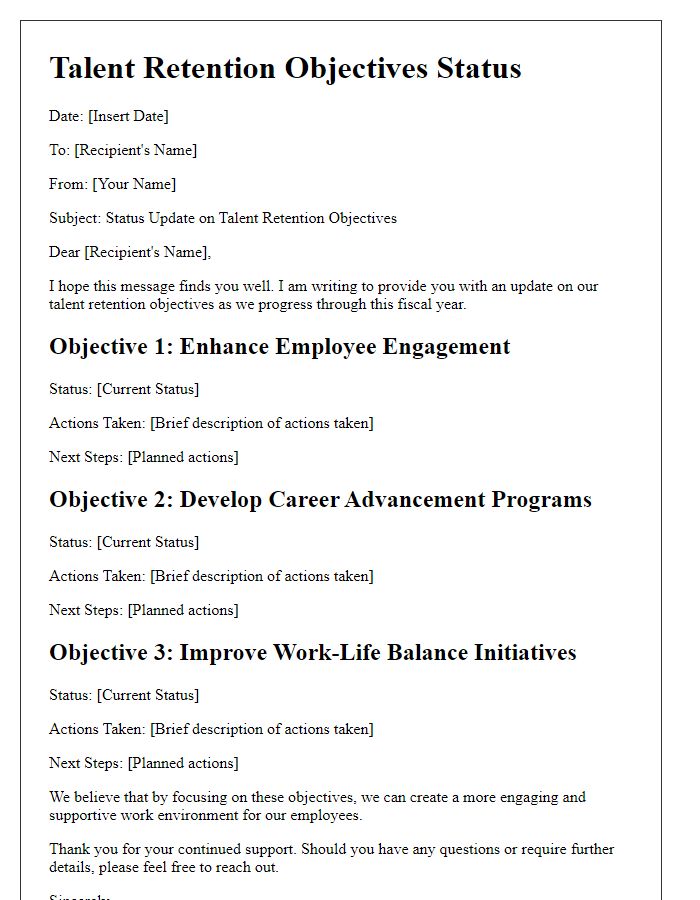 Letter template of talent retention objectives status