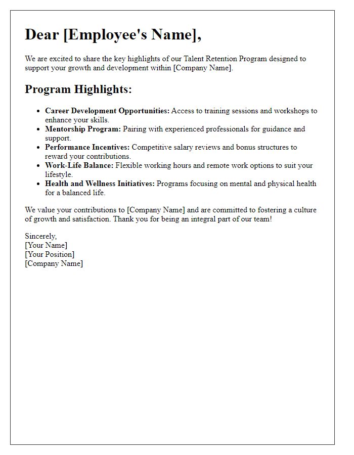 Letter template of talent retention program highlights