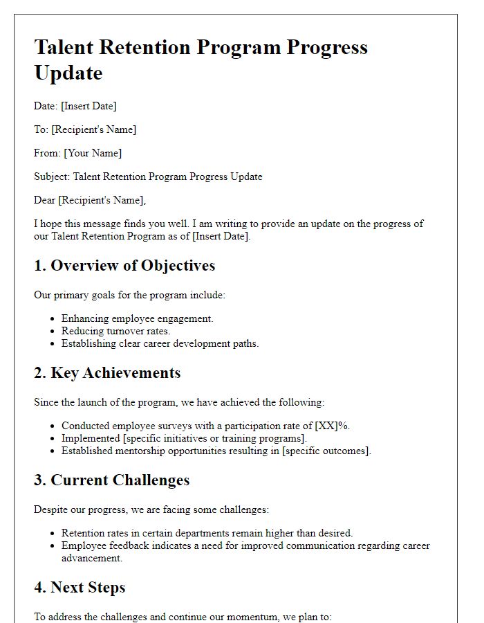 Letter template of talent retention program progress update