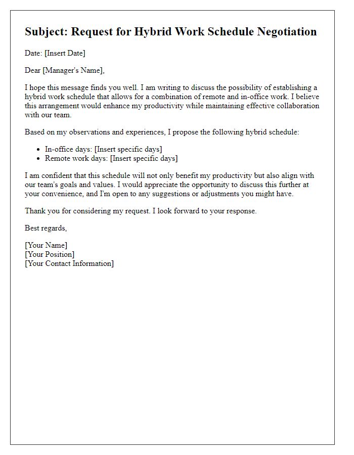 Letter template of hybrid work schedule negotiation.