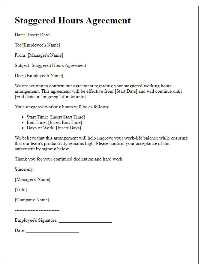 Letter template of staggered hours agreement.