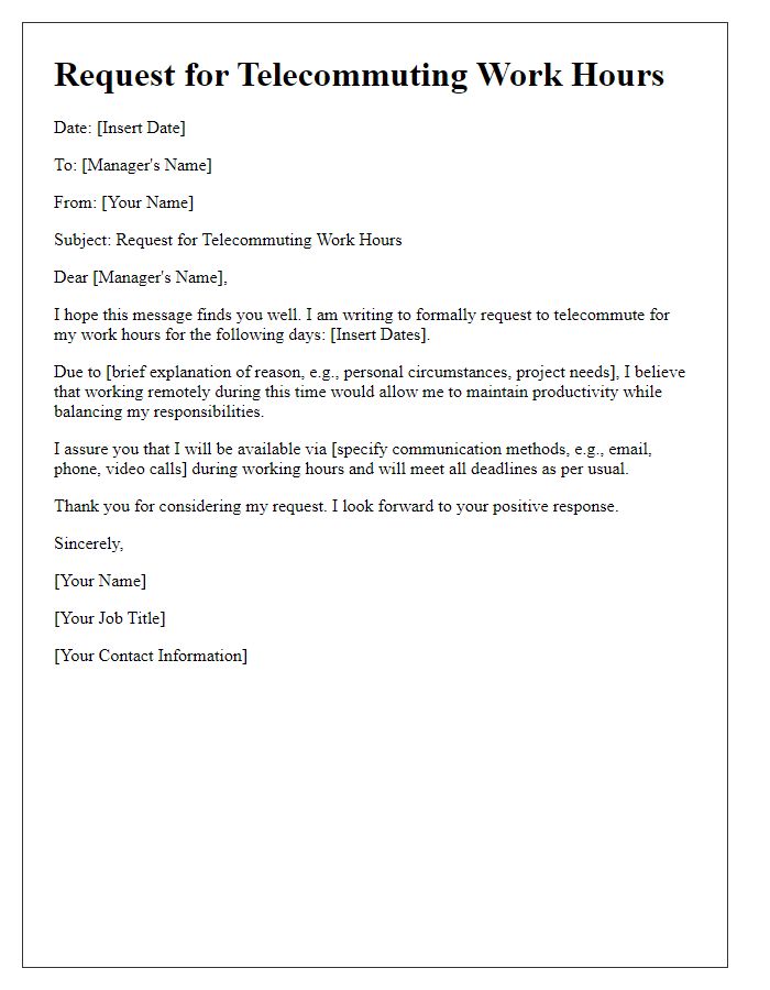 Letter template of telecommuting work hours request.