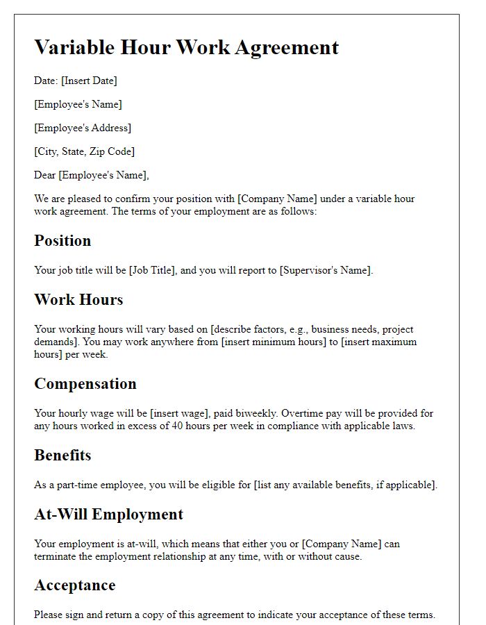 Letter template of variable hour work agreement.