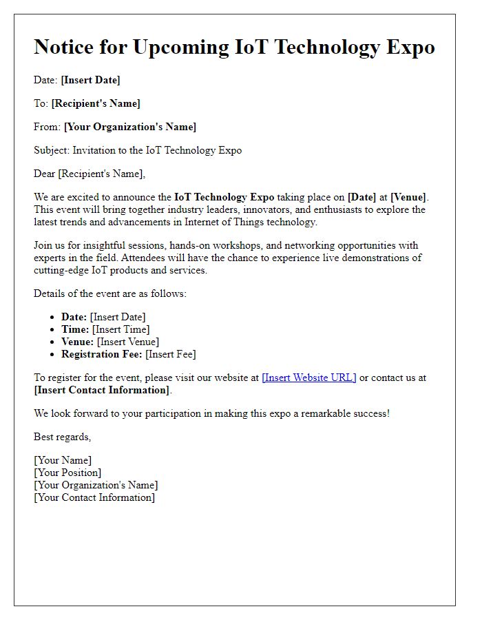 Letter template of Notice for Upcoming IoT Technology Expo