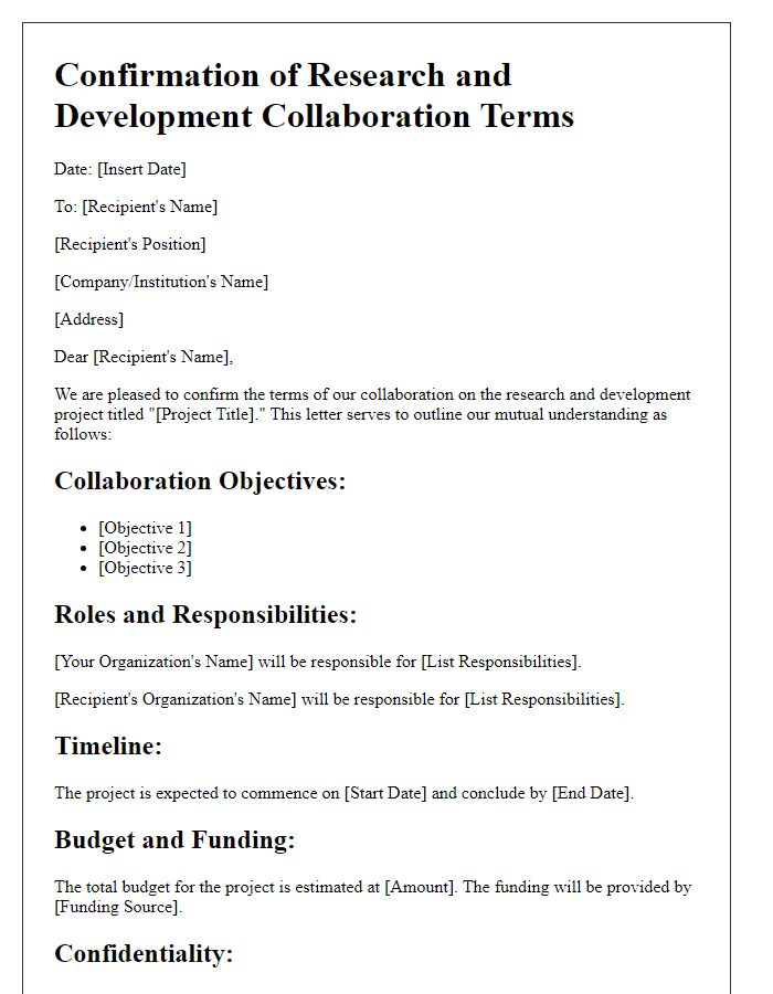 Letter template of confirmation for research and development collaboration terms