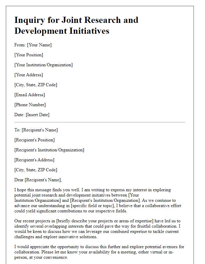 Letter template of inquiry for joint research and development initiatives