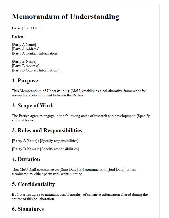 Letter template of memorandum of understanding for research and development