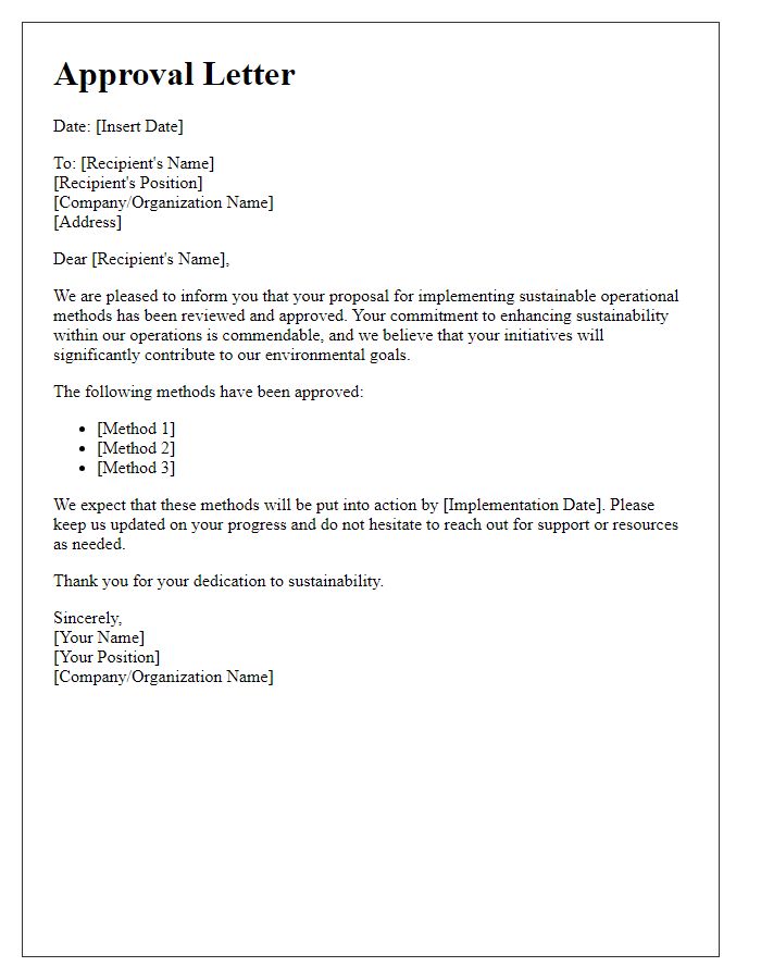 Letter template of approval for sustainable operational methods.