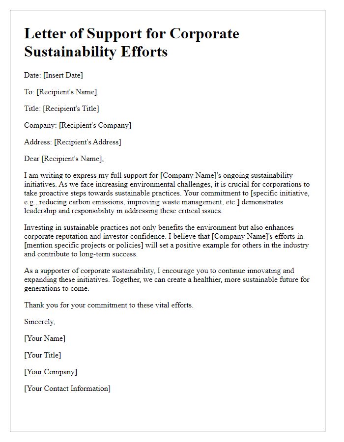 Letter template of backing for corporate sustainability efforts.