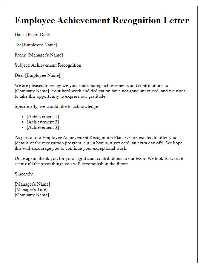 Letter template of employee achievement recognition plan