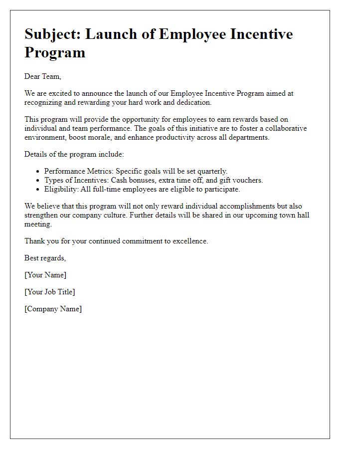 Letter template of employee incentive program launch